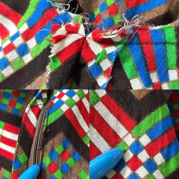 70s vintage wool shift dress midi shirt geometric pattern abstract print tie. - Picture 11 of 13